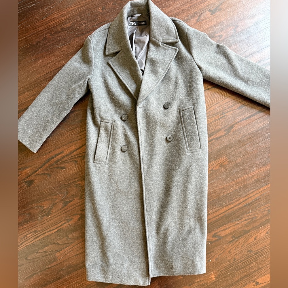 Zara Double Breasted Gray Wool Long Coat
